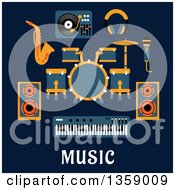 Poster, Art Print Of Flat Design Drum Set Sax Headphones Microphone Speakers Keyboard And Record Player Over Text On Blue