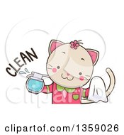 Clipart Of A Cute Female Cat Cleaning With A Spray Bottle And Towel With Text Royalty Free Vector Illustration