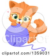 Clipart Of A Cute Ginger Cat Playing With A Purple Ball Of Yarn Royalty Free Vector Illustration