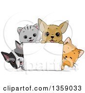 Poster, Art Print Of Cute Cats And Puppy Dogs Around A Blank Sign