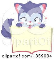 Clipart Of A Cute Purple Cat Over An Open Book Royalty Free Vector Illustration