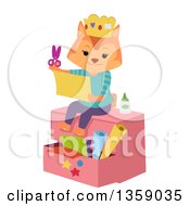 Poster, Art Print Of Ginger Cat Sitting On A Chest Wearing A Crown And Cutting Pieces Of Paper