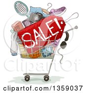 Clipart Of A Sketched Shopping Cart With Products And A Sale Sign Royalty Free Vector Illustration by BNP Design Studio