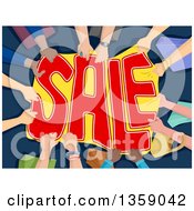 Clipart Of Hands Pulling On A Sale Banner Over Blue Royalty Free Vector Illustration