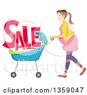 Poster, Art Print Of Brunette Caucasian Pregnant Woman Pushing A Stroller With Sale Text