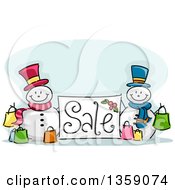 Poster, Art Print Of Sketched Sale Sign With Snowmen And Shopping Bags