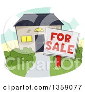 Clipart Of A For Sale Sign Posted On The Lawn Of A Home Royalty Free Vector Illustration
