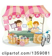 Poster, Art Print Of Happy Caucasian Mother And Children Setting Up A Garage Sale Booth