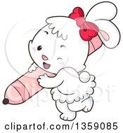 Poster, Art Print Of Cute White Female Bunny Rabbit Wearing A Red Bow And Carrying A Pink Marker
