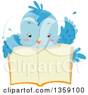 Clipart Of A Cute Bluebird Waving Over An Open Book Royalty Free Vector Illustration