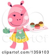 Happy Pink Hippo Baker With A Tray Of Muffins