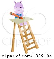 Poster, Art Print Of Happy Purple Hippo Using A Craon On Top Of A Ladder