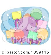 Poster, Art Print Of Cute Purple Octopus Holding Colorful Blank Signs