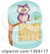 Poster, Art Print Of Purple Owl Perched On A Branch Over A Wood Sign