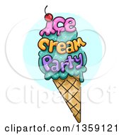 Clipart Of A Waffle Cone With Ice Cream Party Text Over A Blue Circle Royalty Free Vector Illustration