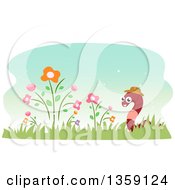 Poster, Art Print Of Happy Earthworm Wearing A Hat In A Flower Garden