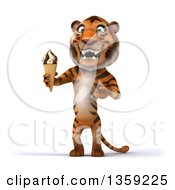 Clipart Of A 3d Tiger Holding A Waffle Ice Cream Cone On A White Background Royalty Free Illustration