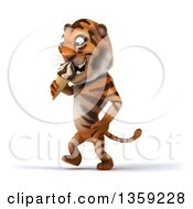 Clipart Of A 3d Tiger Walking And Eating A Waffle Ice Cream Cone On A White Background Royalty Free Illustration