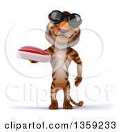 Clipart Of A 3d Tiger Wearing Sunglasses And Holding A Beef Steak On A White Background Royalty Free Illustration