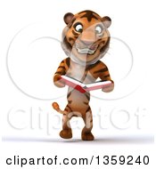 Clipart Of A 3d Tiger Walking And Reading A Book On A White Background Royalty Free Illustration