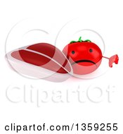 Clipart Of A 3d Unhappy Tomato Character Holding Up A Thumb Down And A Beef Steak On A White Background Royalty Free Illustration
