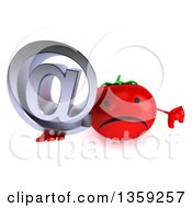 Clipart Of A 3d Happy Tomato Character Holding Up A Thumb Down And An Email Arobase At Symbol On A White Background Royalty Free Illustration