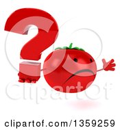 Clipart Of A 3d Unhappy Tomato Character Holding A Question Mark And Jumping On A White Background Royalty Free Illustration