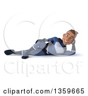 Clipart Of A 3d Young Indian Male Super Hero In A Dark Blue Suit Resting On His Side On A White Background Royalty Free Illustration
