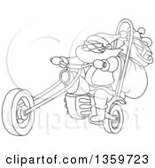 Poster, Art Print Of Cartoon Black And White Lineart Christmas Santa Biker On A Chopper Motorcycle
