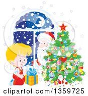 Poster, Art Print Of Santa Claus Peeking In A Window Watching A Blond Caucasian Boy Smile At A Gift By A Christmas Tree