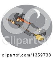 Poster, Art Print Of Red Haired Witch Hanging Onto Her Flying Broomstick Inside A Crescent Moon And Star Oval