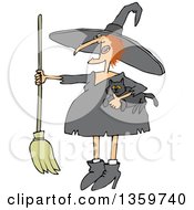 Cartoon Red Haired Chubby Witch Holding A Cat And A Broomstick