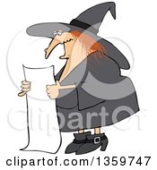 Poster, Art Print Of Cartoon Red Haired Chubby Witch Reading A Long List