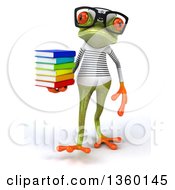 Clipart Of A 3d Bespectacled Green Springer Frog Sailor Walking And Holding A Stack Of Books On A White Background Royalty Free Illustration