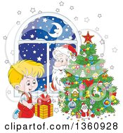 Poster, Art Print Of Santa Claus Peeking In A Window Watching A Blond White Boy Smile At A Gift By A Christmas Tree