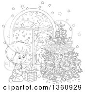 Poster, Art Print Of Cartoon Black And White Santa Claus Peeking In A Window Watching A Boy Smile At A Gift By A Christmas Tree