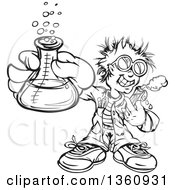 Poster, Art Print Of Happy Black And White Lineart Scientist Boy Holding A Flask And Test Tube