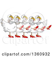 Cartoon Chorus Line Of White Turkeys Wearing Heels And Dancing The Can Can