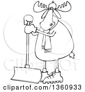 Cartoon Black And White Moose Wearing A Hat And Scarf And Standing With A Snow Shovel