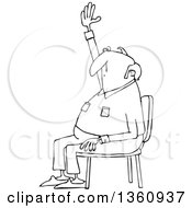 Clipart Of A Cartoon Black And White Nearly Bald Man Sitting In A Chair And Raising His Hand To Ask A Question Royalty Free Vector Illustration