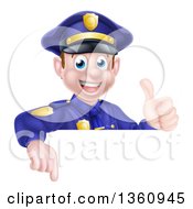 Poster, Art Print Of Cartoon Happy Caucasian Male Police Officer Giving A Thumb Up And Pointing Down Over A Sign