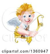 Poster, Art Print Of Happy Blond Caucasian Valentines Day Cupid Holding A Gold Heart Arrow And His Bow Around A Sign