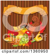 Autumn Harvest Cornucopia With Wheat Fruits And Vegetables Over Brown Stripes With A Blank Ribbon Banner