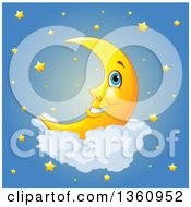 Poster, Art Print Of Cartoon Happy Crescent Moon Resting On A Cloud Over A Sky Of Stars