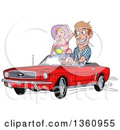 Poster, Art Print Of Cartoon Caucasian Man Drooling And Driving A Red Convertible 64 Ford Mustang With A Beach Babe In The Passenger Seat