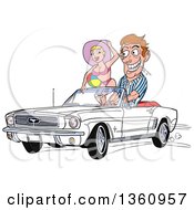 Cartoon Caucasian Man Drooling And Driving A White Convertible 64 Ford Mustang With A Beach Babe In The Passenger Seat