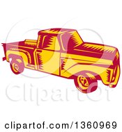 Poster, Art Print Of Retro Woodcut Yellow And Red Vintage Pickup Truck