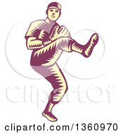 Clipart Of A Retro Purple And Yellow Woodcut Baseball Player Pitching Royalty Free Vector Illustration by patrimonio