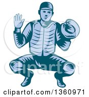 Clipart Of A Retro Woodcut Blue Baseball Catcher In A Squat Position Royalty Free Vector Illustration by patrimonio