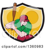 Clipart Of A Cartoon White Male Baseball Player Athlete Batting In A Black White And Yellow Shield Royalty Free Vector Illustration